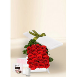 24 Red Rose Stems for Valentine's Day with Chocs, Candle & Card